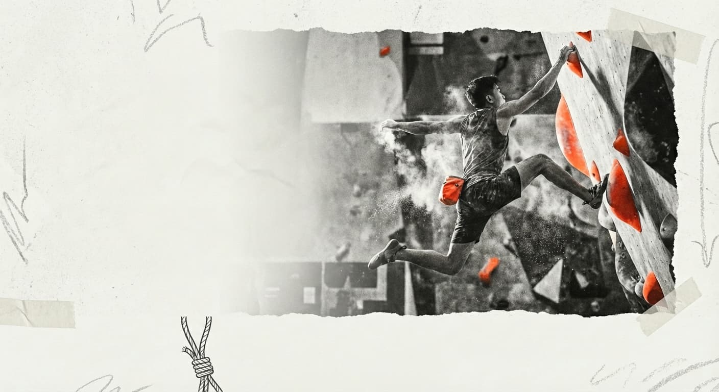 Climber reaching for a hold mid-dyno, chalk dust flying